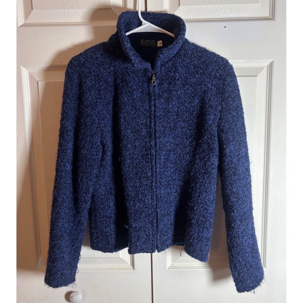 Blarney Woollen Mills Ireland Navy Blue Wool Boucle Full Zip Sweater Small